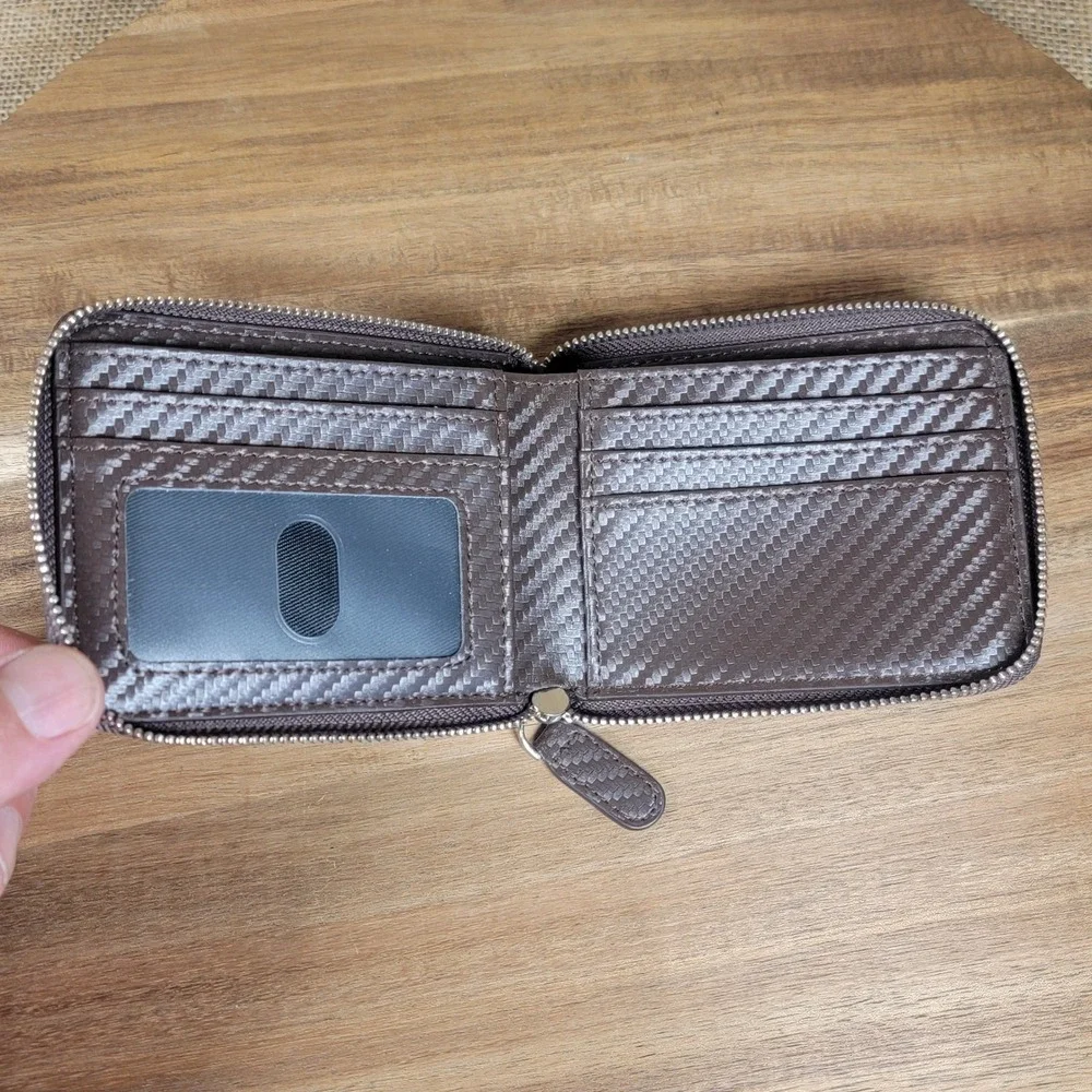 Huztencor RFID Blocking Carbon Fiber Bifold Zip Wallet Brown Minimalist Men's